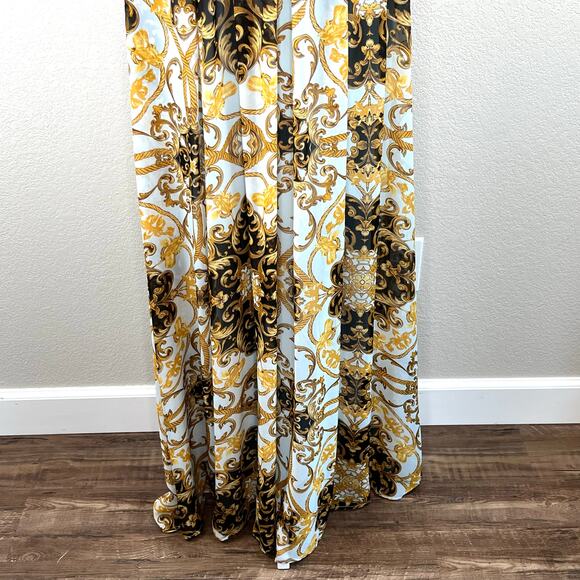 Powder Blue Gold Chiffon Baroque Sleeveless Open Back V-Neck Maxi Dress SM New - Picture 7 of 15